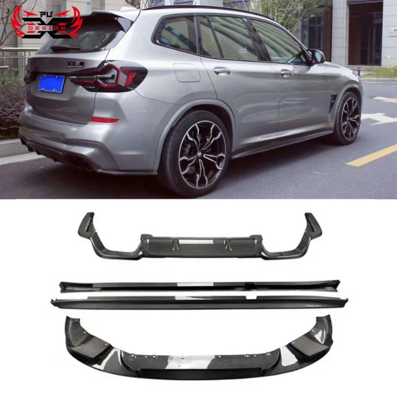 3D Style Carbon Fiber Front Bumper Lip Front Splitter Rear Diffuser Side Skirts  For BMW X3M F97 X4M 2019-2021