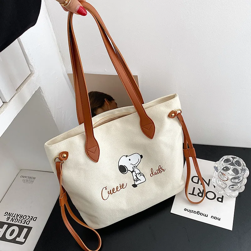 MINISO Disney Series Snoopy Canvas Bag Water Bucket Bag Cartoon Letter Printed Tote Bag Cute Fashion Casual Bag Handbag