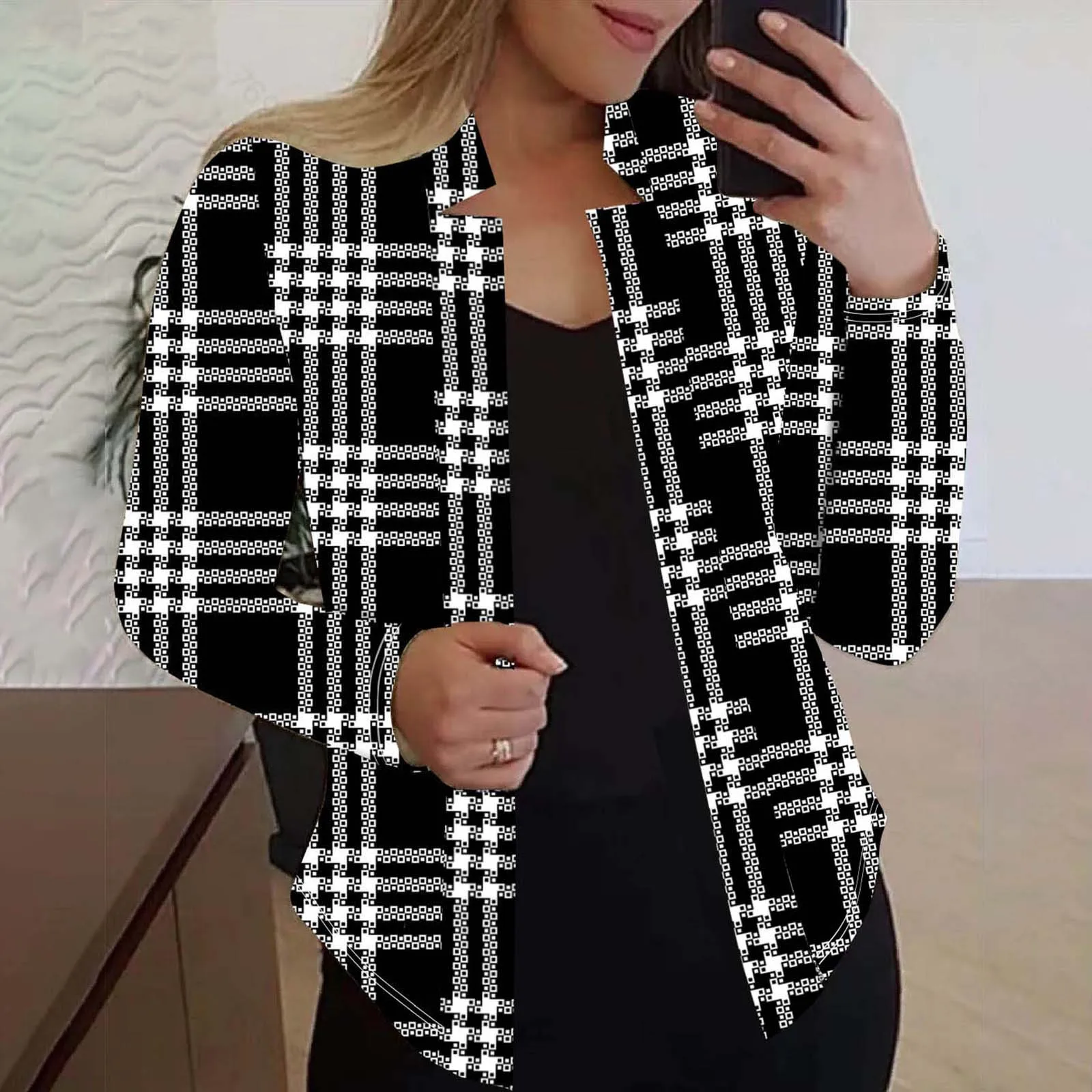 vintage Stylish Plaid Women's Jacket Contrast Color Long Sleeve Comfortable Suit Jacket Women's Blouse With Small Stand Collar