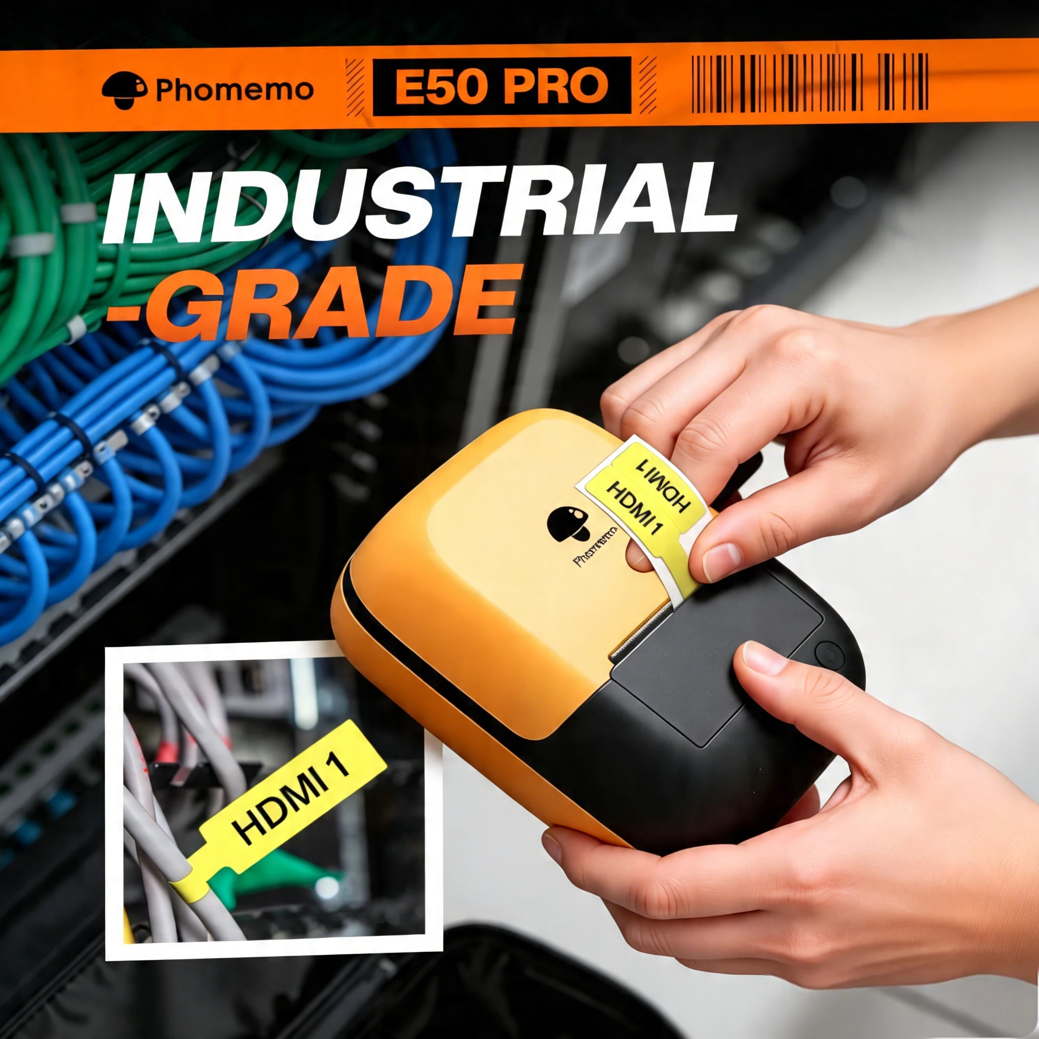 

Портативный промышленный принтер этикеток Phomemo E50 с Bluetooth, поддержкой мобильных приложений и ПК, аккумулятор 2600 мАч