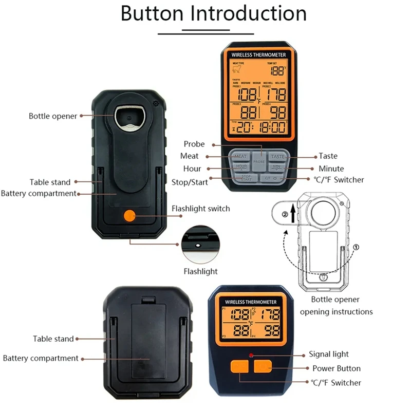 4 probes Backlight จอ LCD, ทำอาหารในครัวแบบดิจิตอลไร้สาย100เมตรเครื่องวัดอุณหภูมิเนื้อเตาอบบาร์บีคิวพร้อมนาฬิกาปลุกติดตั้งง่าย