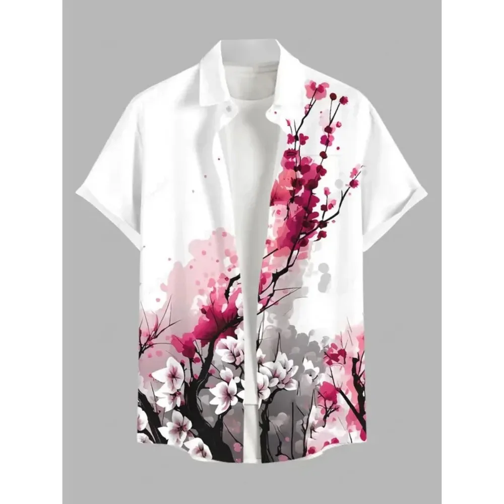 New Watercolor-dyed Plum Blossom Flower 3D Printe Sport Breath Quickdry Men's Shirt Outdoor Fashion Street Casual Vacation Shirt