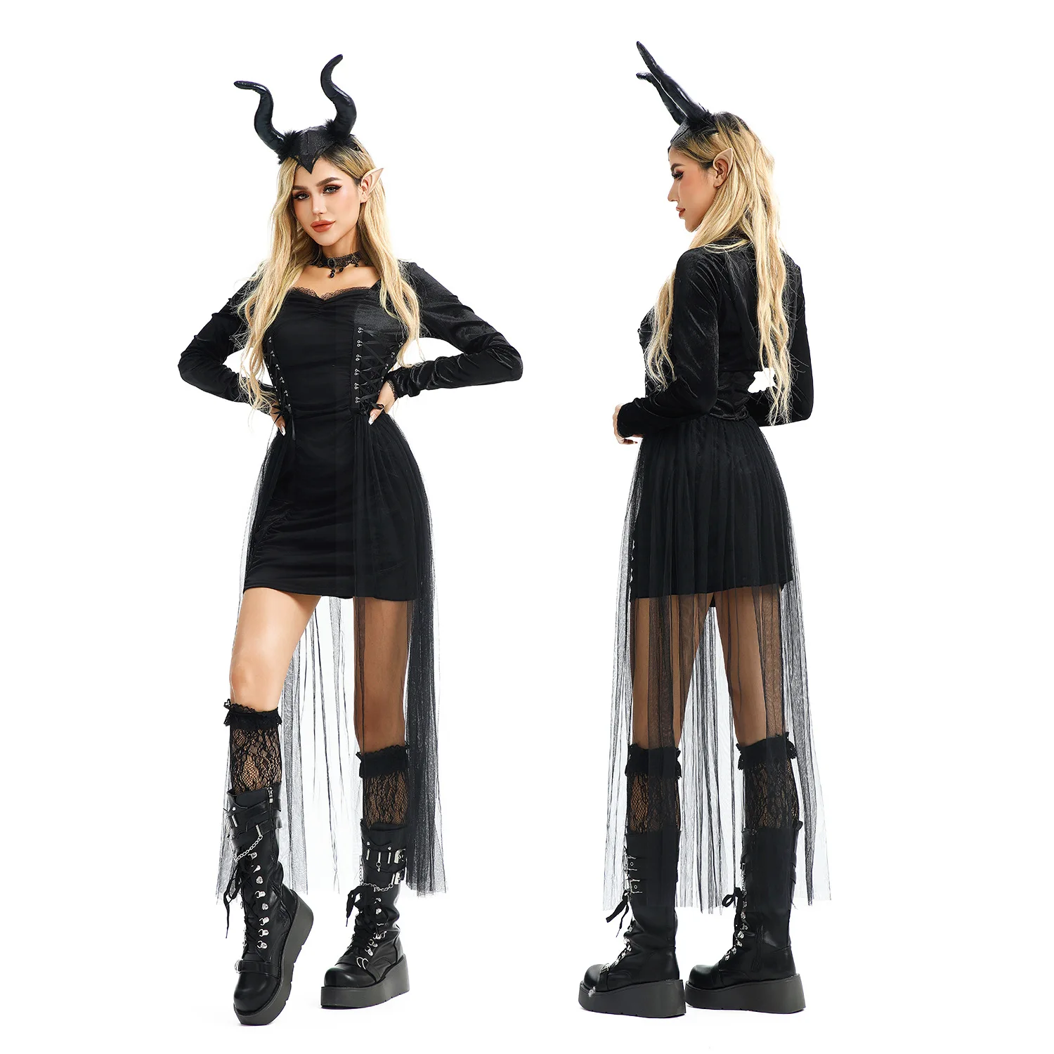 

MINISO Halloween Day of The Dead Costume Cosplay Witch Maleficent Sexy Slim Black Dress Goth Punk Theme Party Female