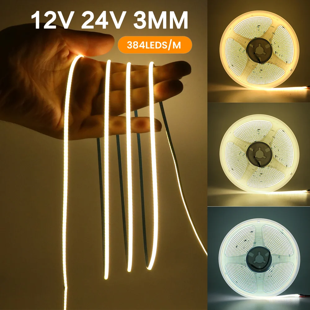 

12V 24V COB LED Strip 3mm Ultra Thin High Density 384Leds/m FOB COB LED Tape Light Warm Natural Cold White Flexible Ribbon Rope