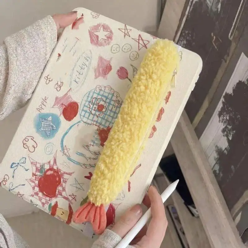 *1Pc Super Cute Fried Shrimp Tail Ribbon Pen Case, Single-layer Portable Stationery Organizer With INS Style Fleece, Student Sch