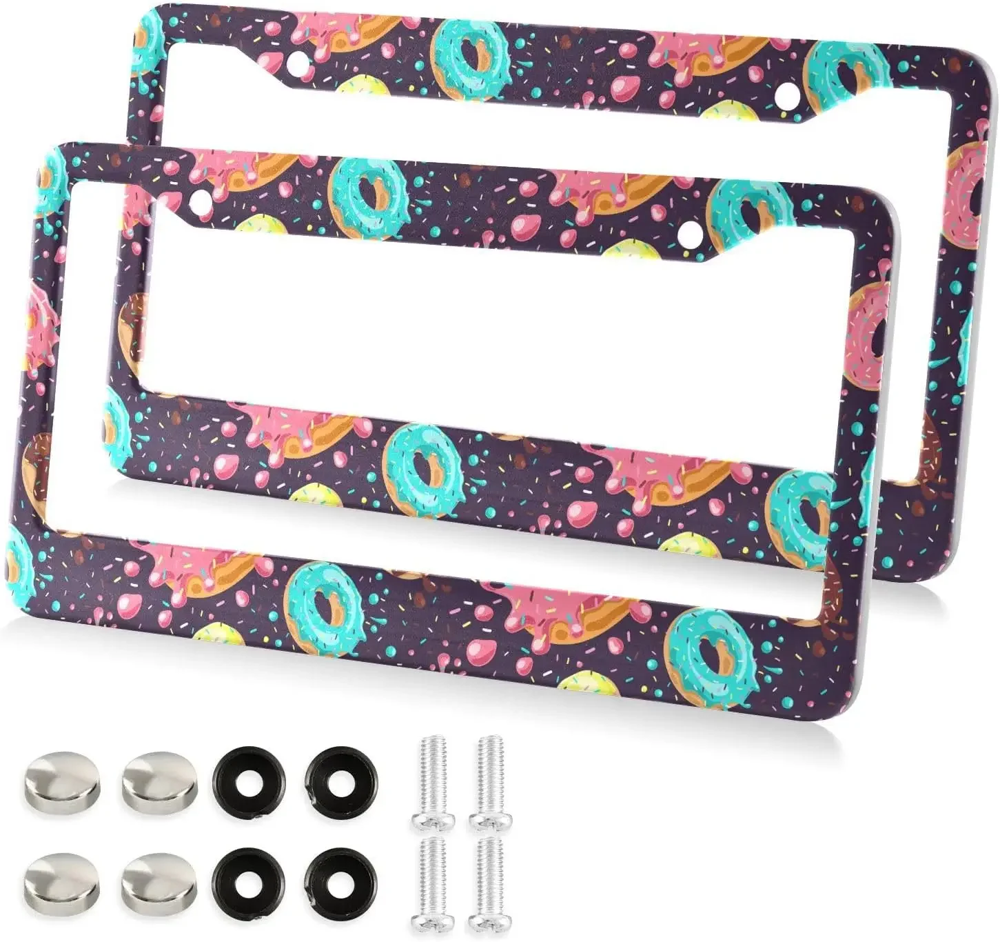 Colored Doughnut Pattern Car License Plate Frame 2 Pack License Plate with 2 Holes Car Tag Frame for Women Men US Vehicles