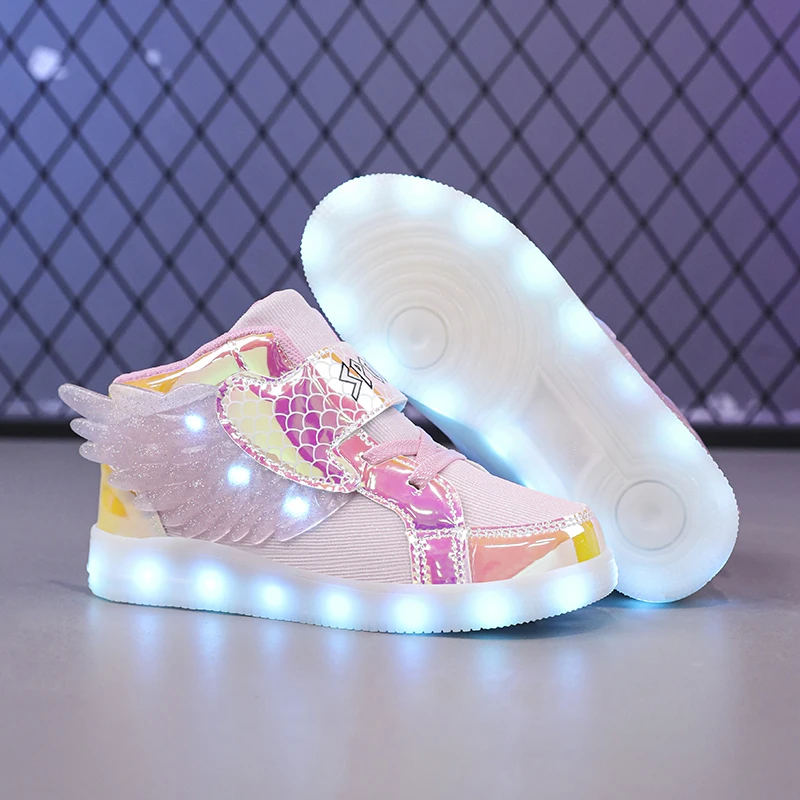 High Quality Children Luminous Glowing Wings Sneakers Black Pink LED Light Skate Shoes Kids Sport Shoes Boys Girls USB Charging