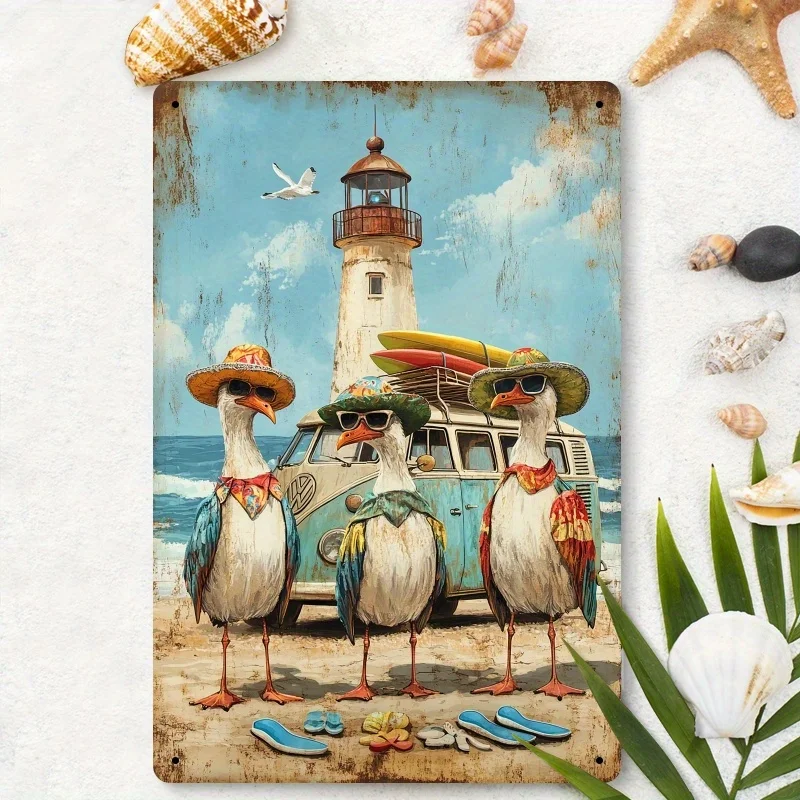  Vintage Coastal Seagulls Metal Wall Art - Iron Retro Beach Scene with Surfboards,Flip-Flops, Summer-Themed Decor for Ho