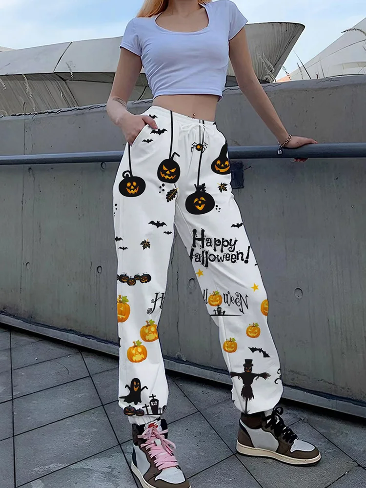 Spring Autumn Pocket Halloween Trousers, Elastic Waist Loungewear Women Pumpkin Print Pencil Pants, New Loose Fashion Streetwear