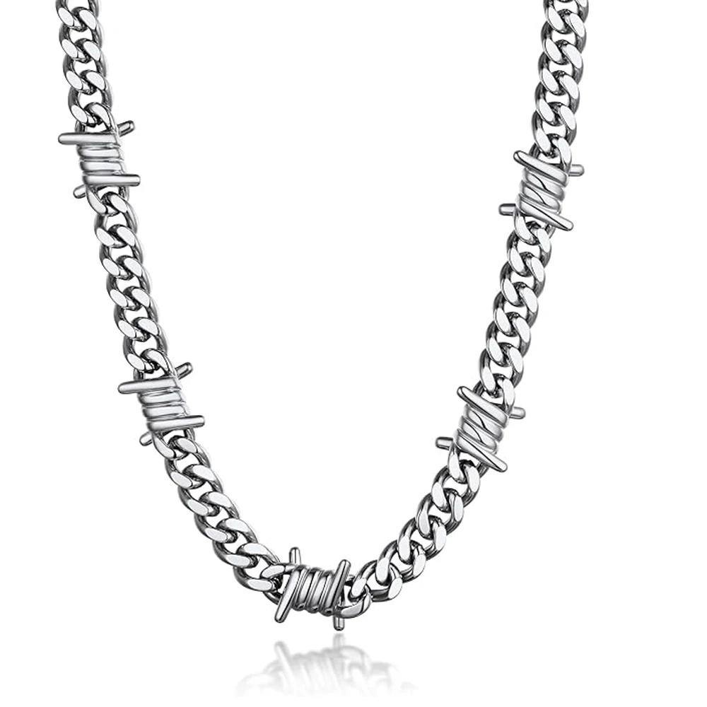 Stainless Steel Barbed Wire Cuban Hiphop Bracelet Necklace for Women Men Neo-Gothic Thorns Choker Necklace Bracelet Punk Jewelry