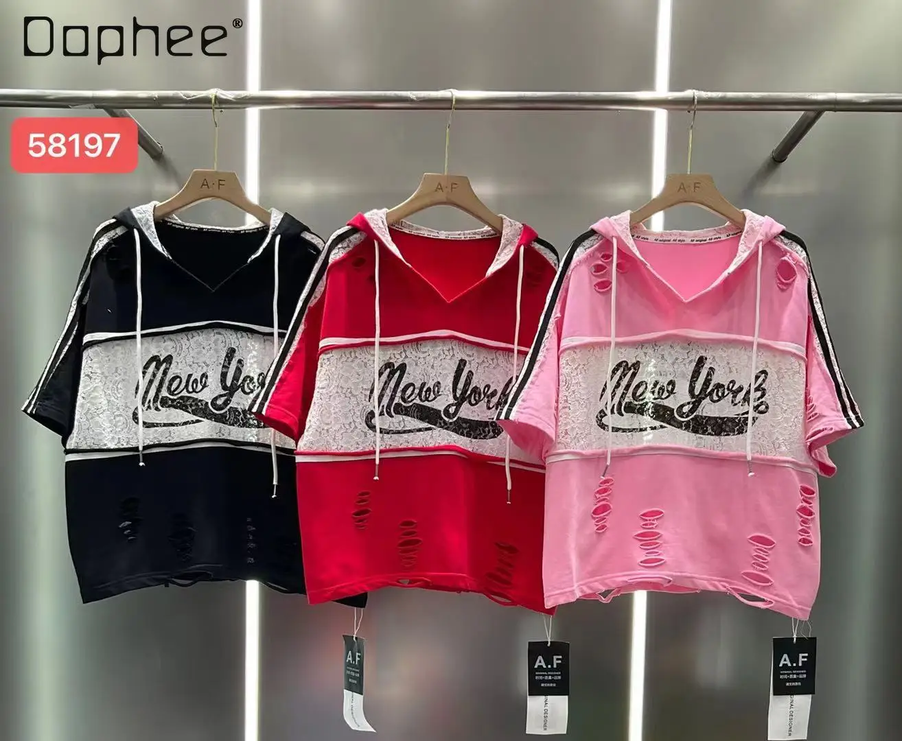 European Style Casual Top Women's 2026 Summer New Print Letter Hooded Distressed Short Sleeve Patchwork Sweatshirt