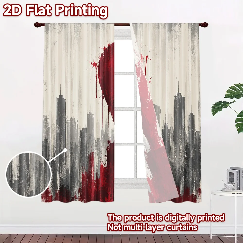 2D flat 2pcs Curtain French Romantic Style Curtains Red Trophy Skyline Durable polyester fiber Festive Curtains for Indoor