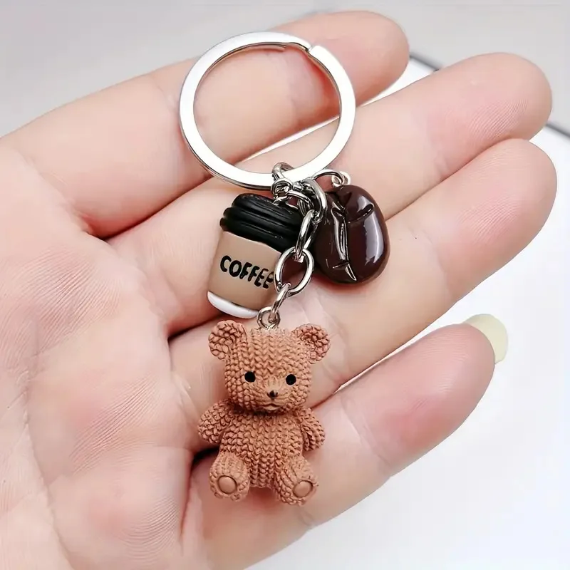 Cute Teddy Bear Coffee Keychain 3D Resin Bear with Coffee Cup Bean Charm Key Ring Bag Pendant for Women Girls Gift Accessories view 5
