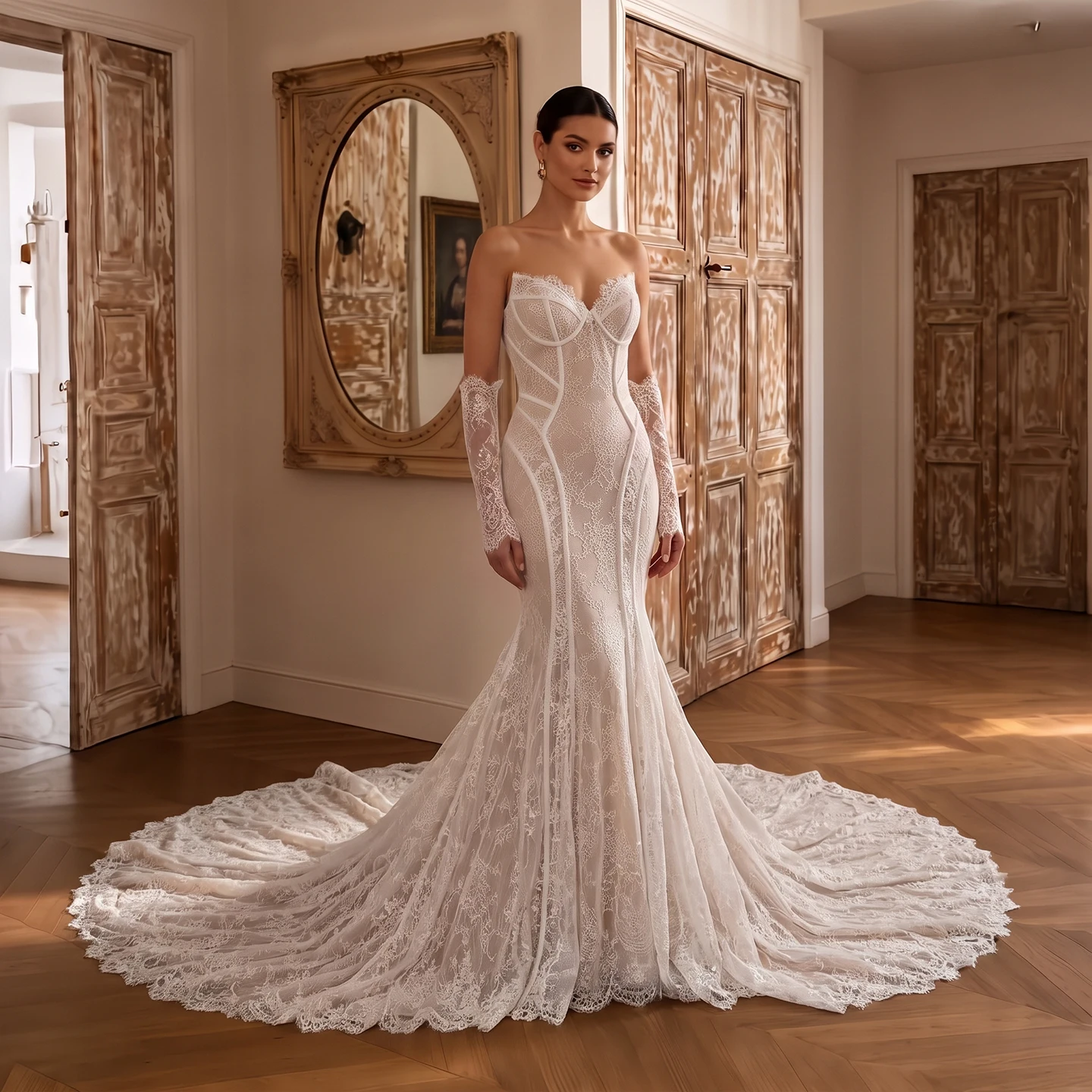 Sharon Said Elegant White Nude Lace Sheath Mermaid Wedding Dress Sweetheart Detachable Sleeve Bridal Gowns SW752 Customized