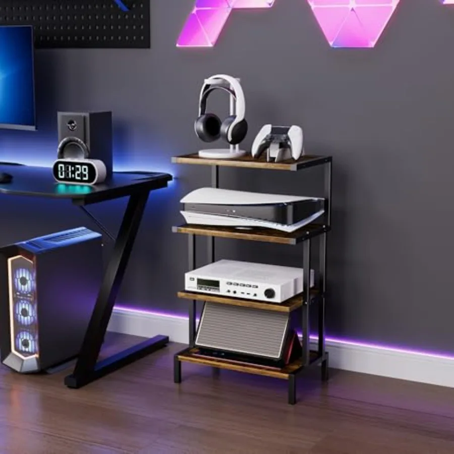 

4-Tier Wood Game Console Stand for Small Space AV Media Shelf with Storage Shelves Black Stereo Rack for Audio Video Games DVD