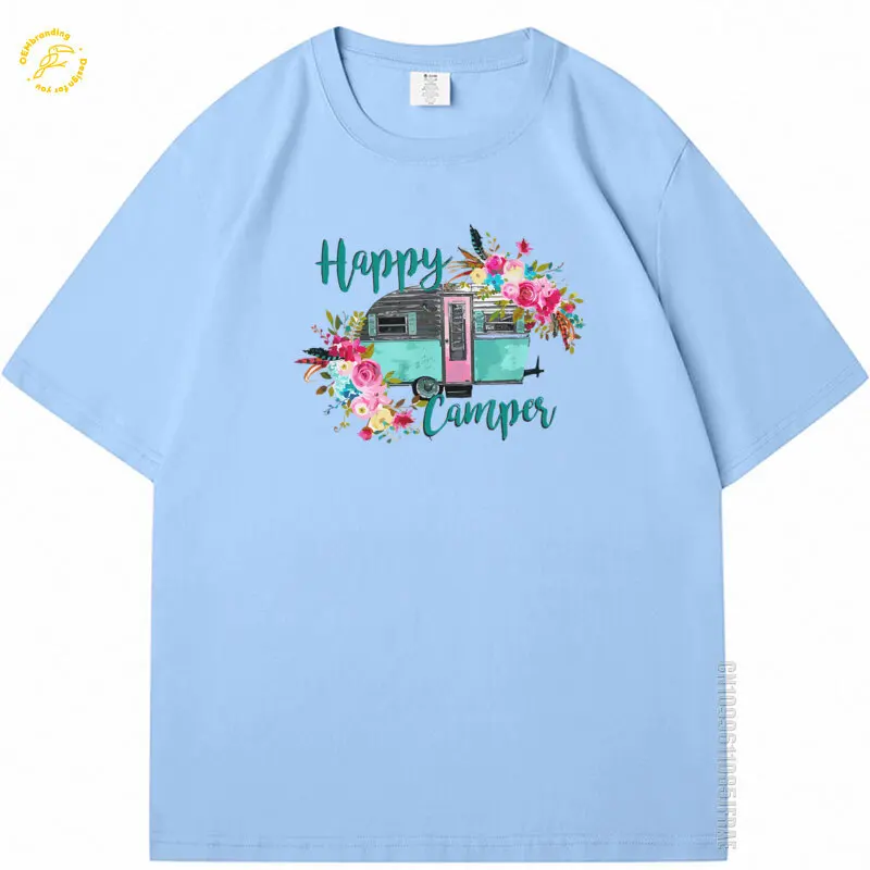 

Happy Camper Oversized T-Shirt Men O-neck Tee Shirt Cotton TShirt Tropical Floral Flower Plant トップス 트레이닝복 Camiseta Personalizada