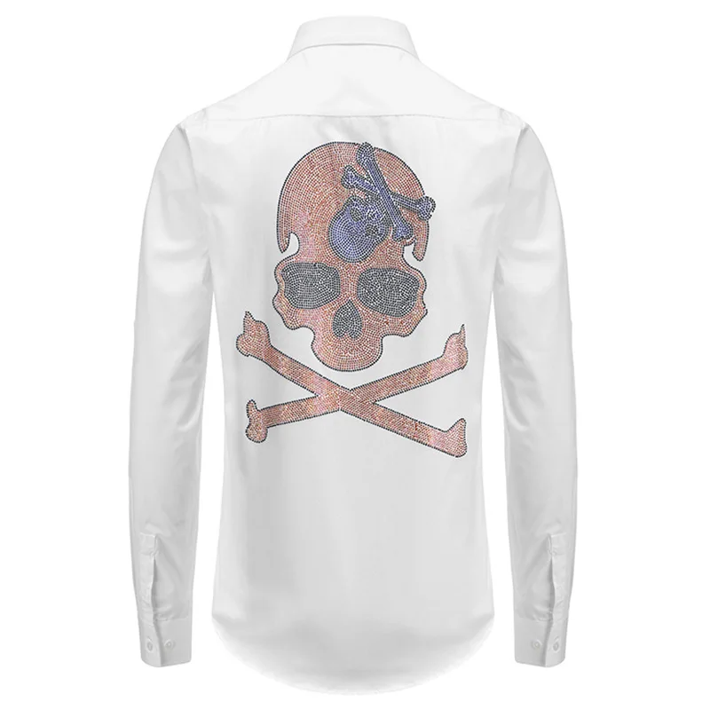 New 2021 Men luxurious Steampunk Skull Monster diamond Fashion Silk Casual Shirts Shirt high Pocket Long-sleeves S 3XL #D279