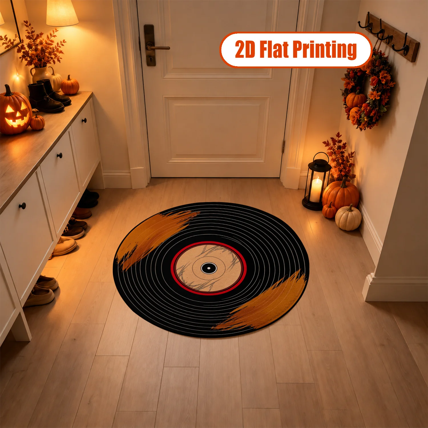 Vintage Vinyl Record Brush Stroke Pattern Round Velvet Rug, Machine Washable Soft Floor Mat for Living Room Bedroom Office, Perfect for Halloween Thanksgiving Christmas New Year Black Friday Home Decor
