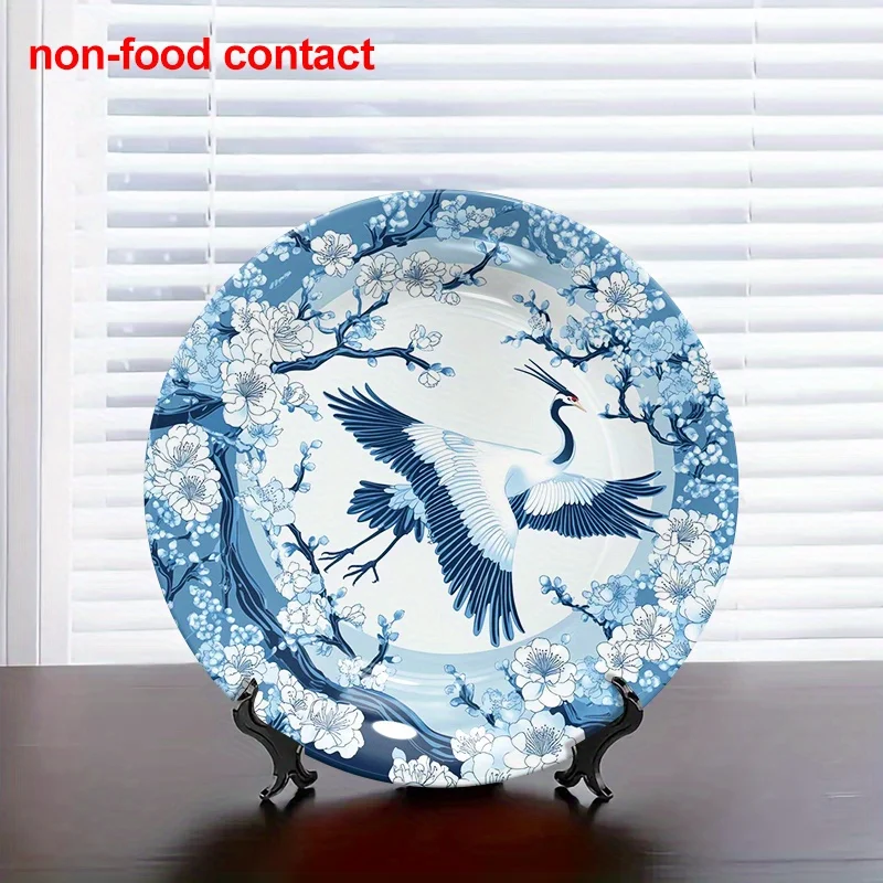 2D Flat, 1pc Large 8-Inch Round Ceramic Wall Plate - Blue & White Japanese-Inspired Cherry Blossom & Crane Design, Elegant