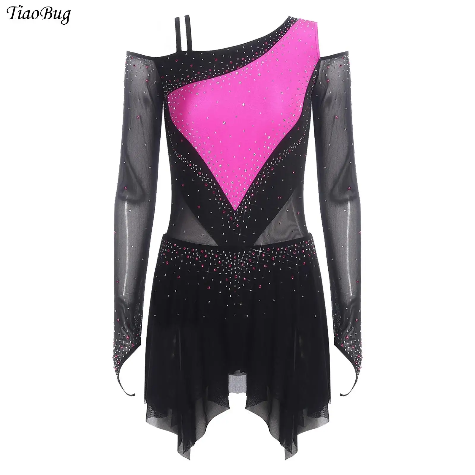 

Womens Rhinestones Ballet Jersey Leotard Figure Skating Dress Asymmetrical Shoulder Long Sleeve Tiered Mesh Dance Bodysuit Dress
