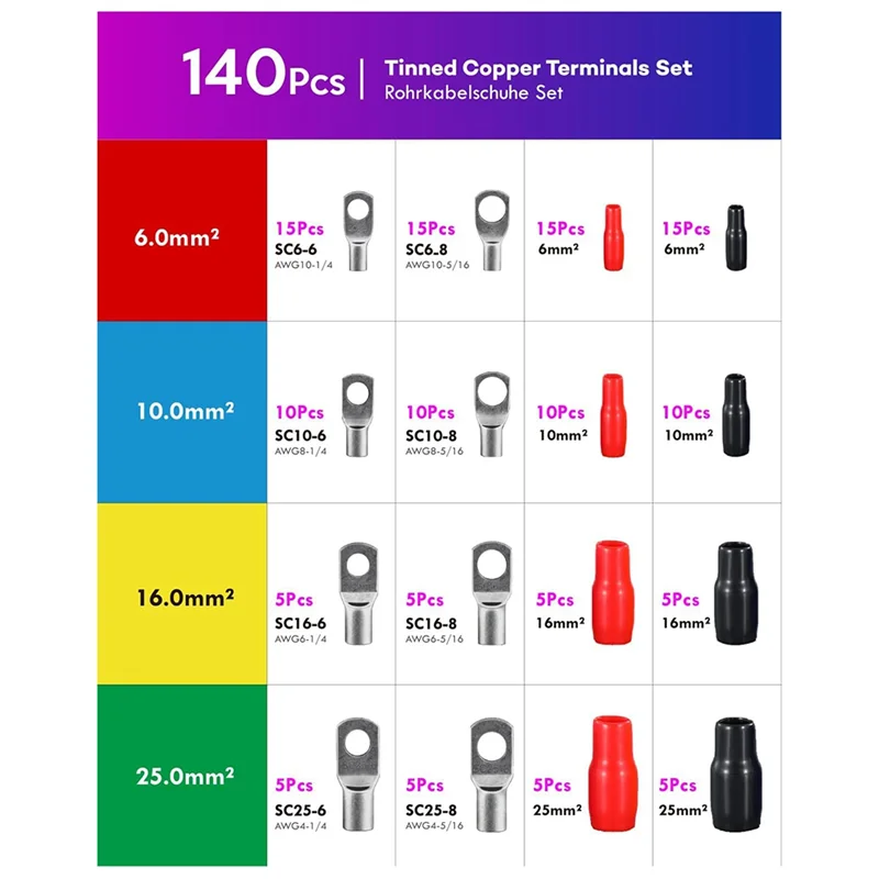 Leading-Edge-140 Tube Cable Lugs Tube Cable Lugs For Car Battery Cable Set, 70 Tube Cable Lugs Set + 70 Sleeves, Sc Tube Termina
