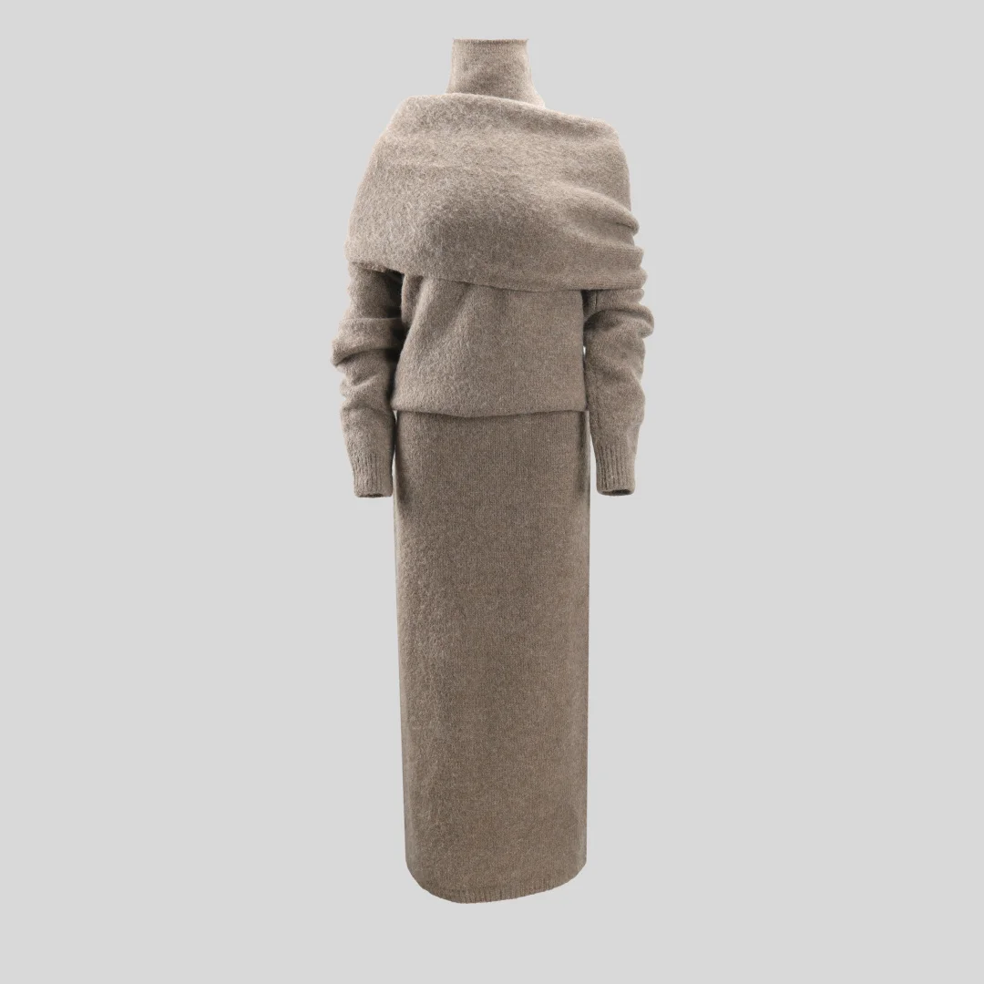 

2025 New Style: Elegant and Relaxed Knitted Shawl, High-Neck Sleeveless Top & Maxi Skirt Set – Soft, Non-Irritating Wool
