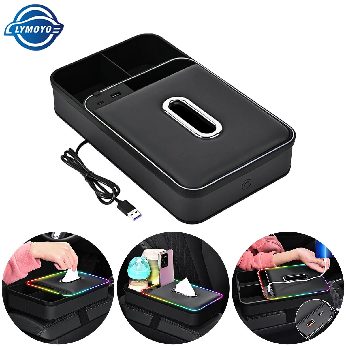 Car Center Console Armrest Storage Box With LED Ambient Light Cup & Tissue Organizer USB Charging Interior Decorative Light