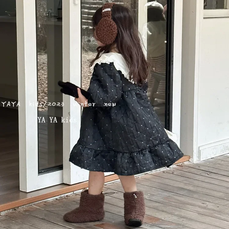 Girls Dress 2023 Winter New Dress Children Korean Version Large Lapels Plus Fleece Thick Temperament Black Jacquard Dress