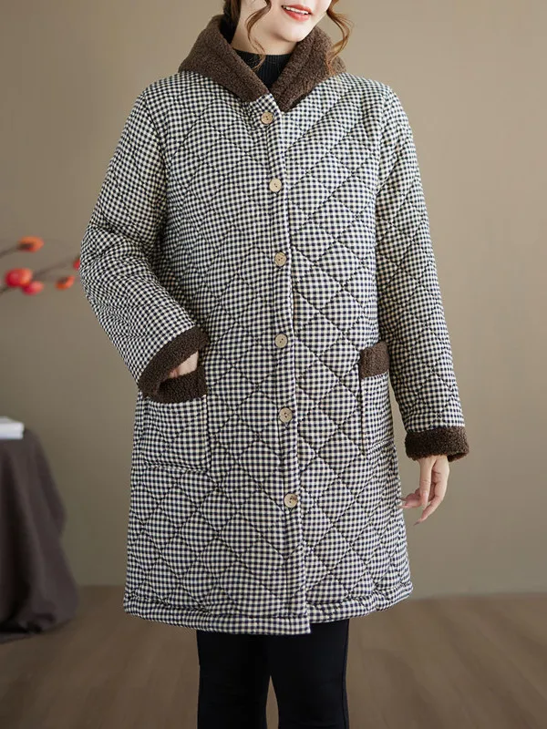 Jaet-Damen-Wintermantel aus verstärkter Baumwolle, warm, kariert, mit Kapuze, mittellang, mit FCE-Futter, Mutterkleidung, Pendelkleid, bedruckt