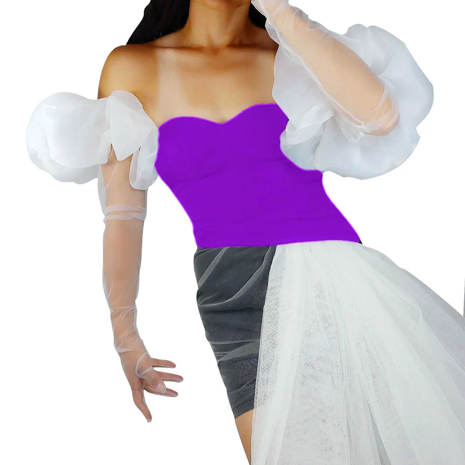 White Tulle Wedding Gloves 3D Wave Cuff Puffy Oversize Sleeves 35