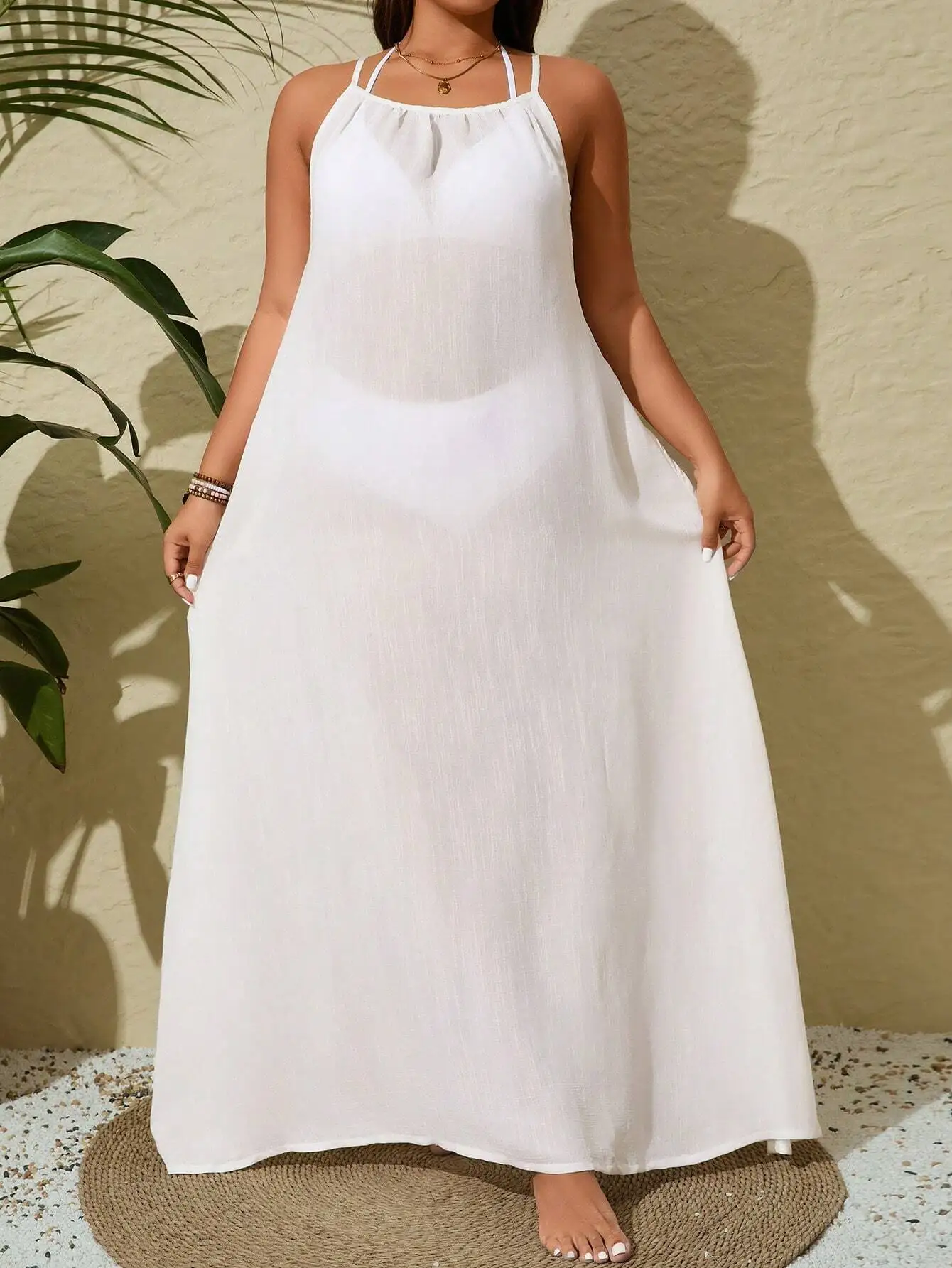 

Женское платье макси без рукавов однотонного цвета для пляжа, летнее, больших размеров