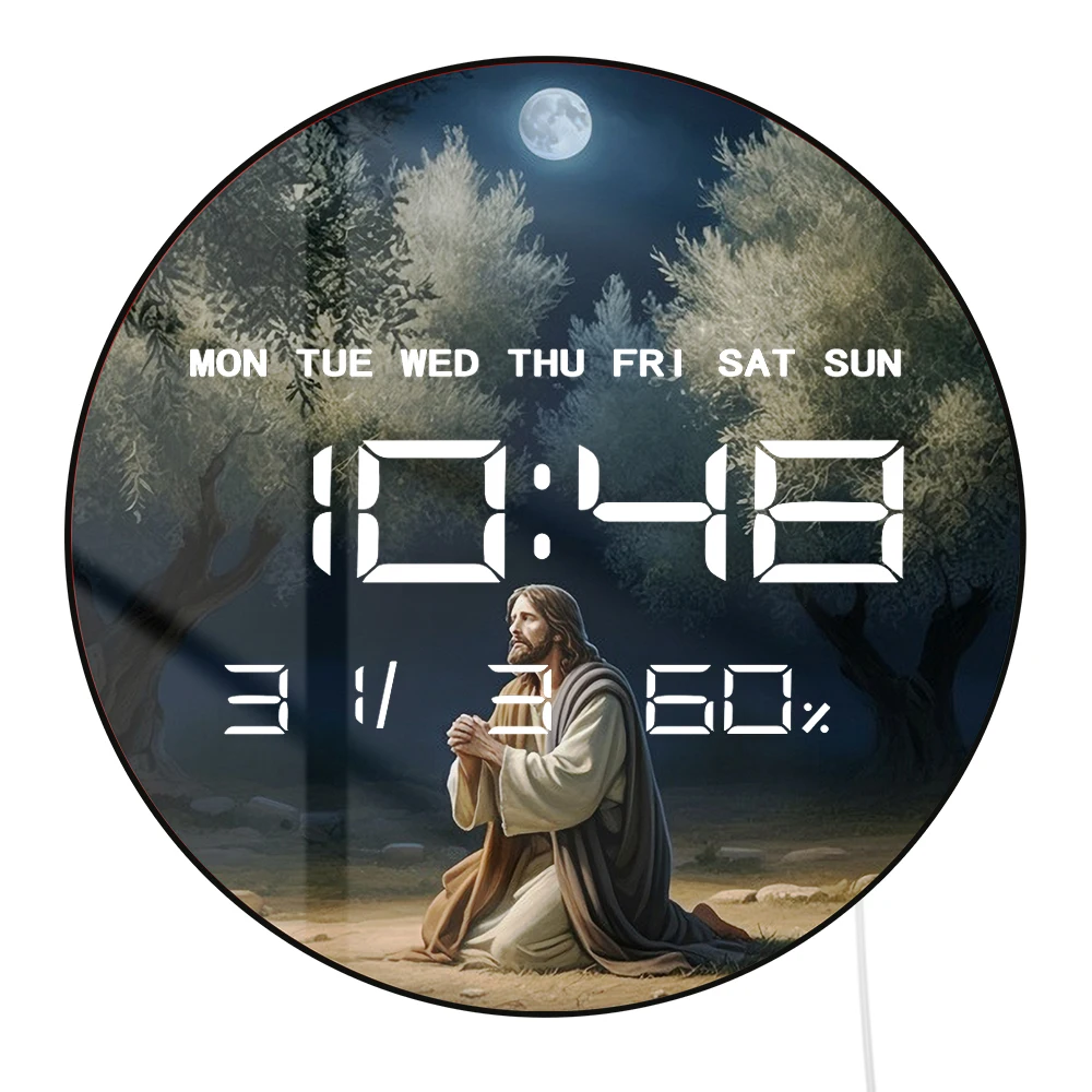 Jesus Praying in Garden of Gethsemane LED Digital Wall Clock with Calendar Date Temperature Auto Dimming 12/24hr Electric Clock