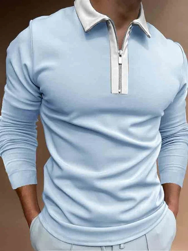 

Men's Zipper Color Block Long Sleeve POLO Shirt