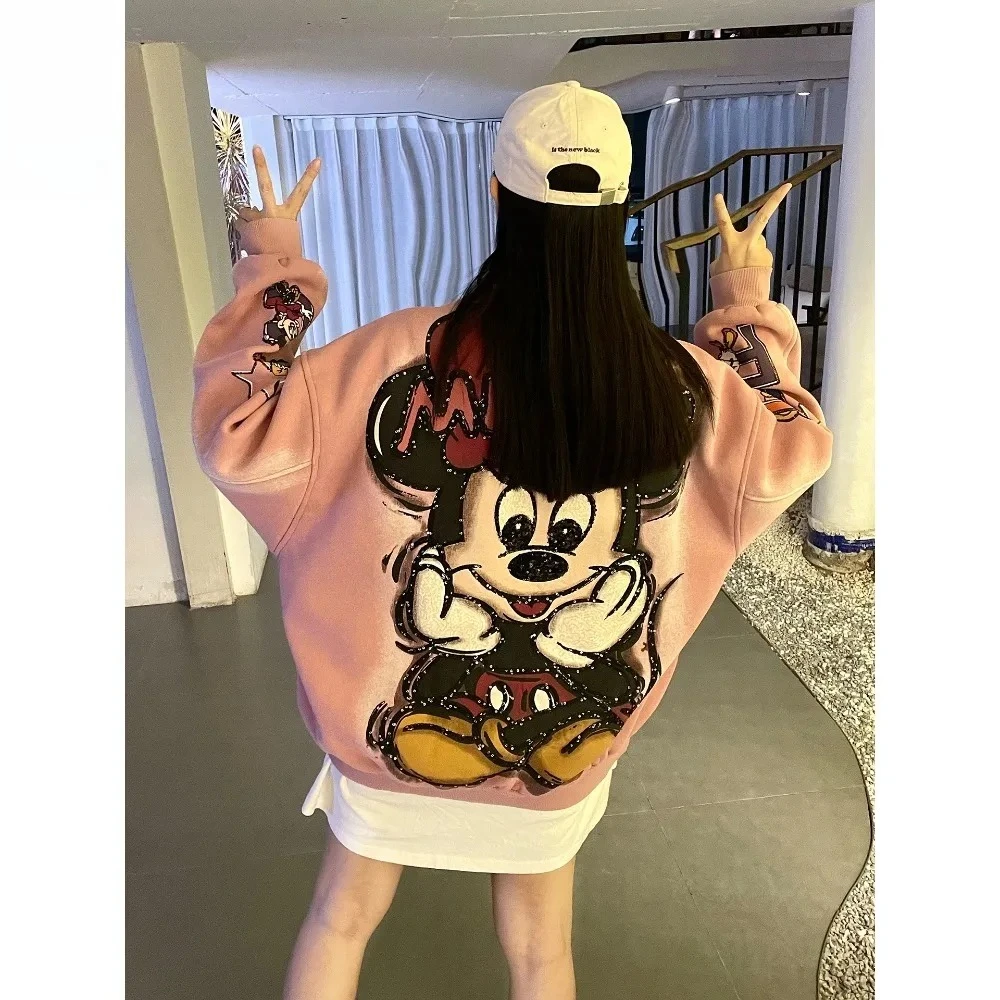 

Mickey Embroidered Sequined Baseball Jersey Men and Women Autumn and Winter Retro Casual Loose Couple Jacket Tide