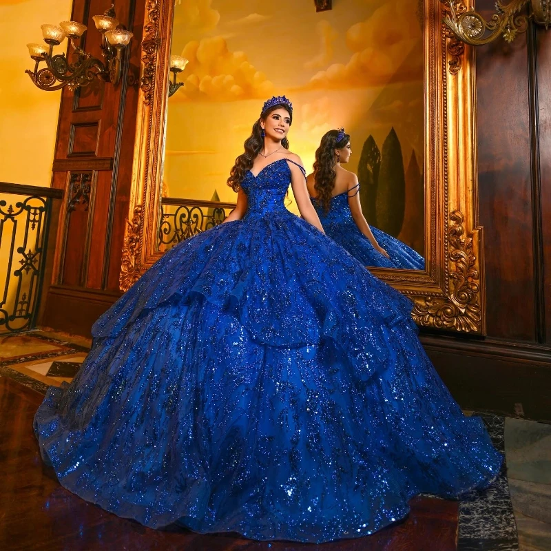 

Sparkly Royal Blue Princess Quinceanera Dresses Off Shoulder Ball Gown Sequin Appliques Lace Crystals Beads Tull Sweet 16 Dress