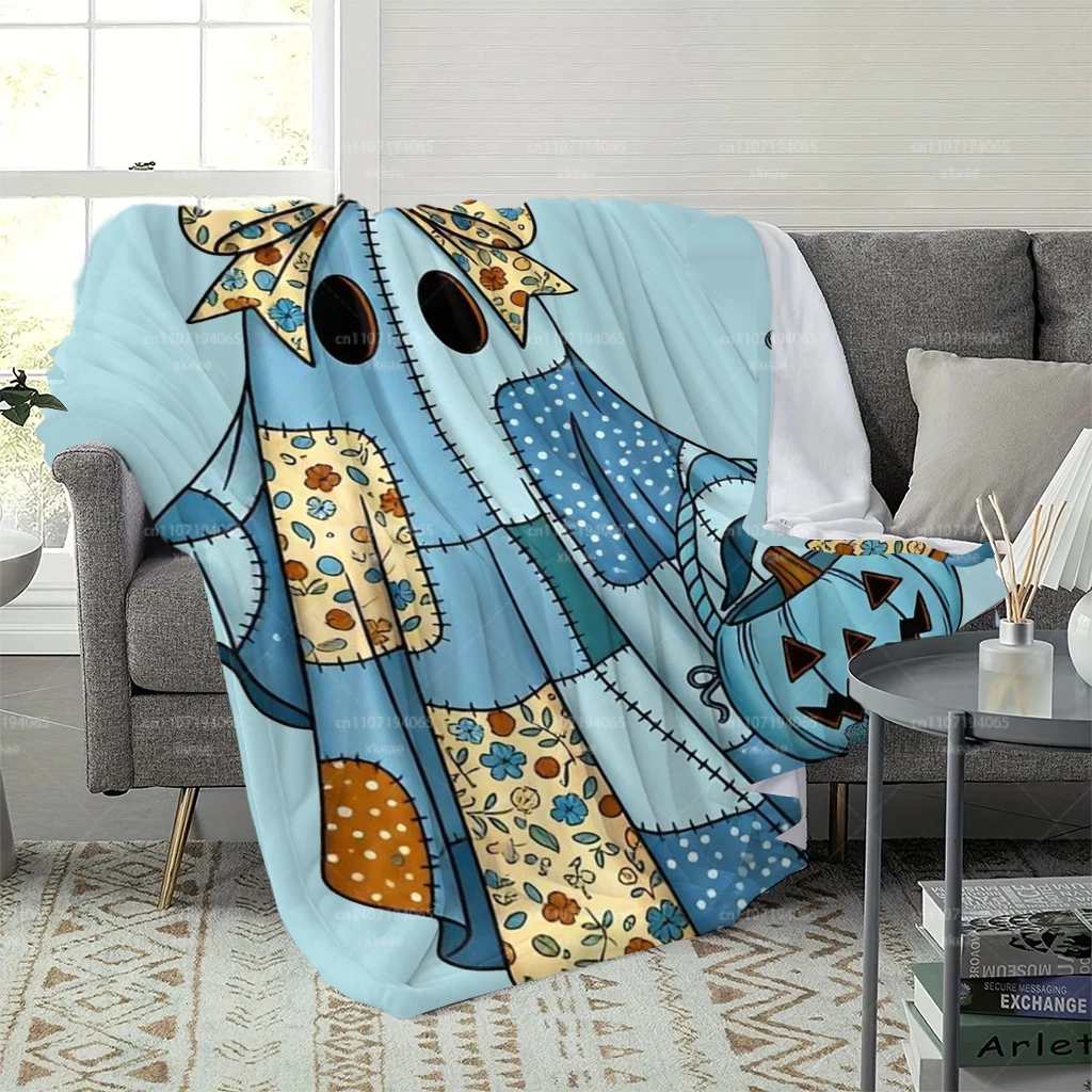 Cute Patchwork Ghost Halloween Flannel Blanket, Bow Blue Pumpkin Candy Basket Print Throw Blanket, Soft Lightweight Cozy Blanket