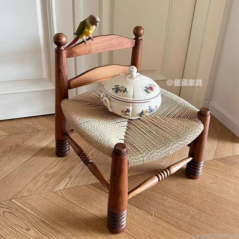 Vintage Dining Chair Household Solid Wood Braided Rope Single Rattan Braided Designer Low Stool Furniture