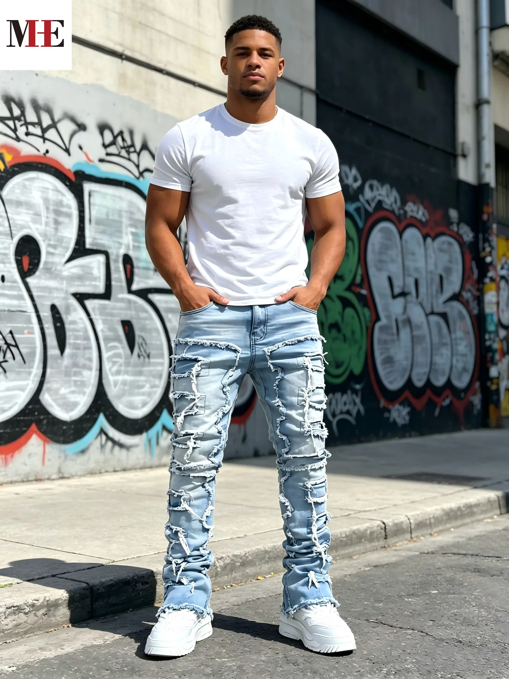 HME Men's High Street Denim Pants, Light Blue Stacked Frayed Flared Jeans for Trendy Looks