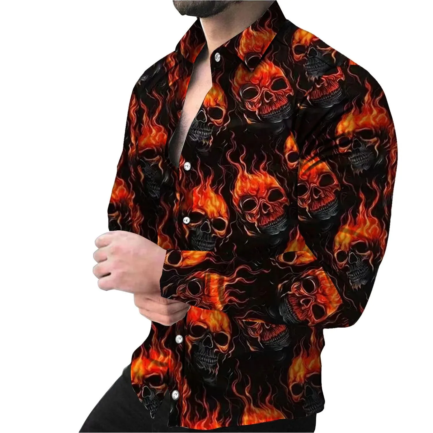 

Faionable Mens Long Sve Button up irt 3D Full Skull Pattern Thiened Fce Autumn Ne Design Special Wide Fit