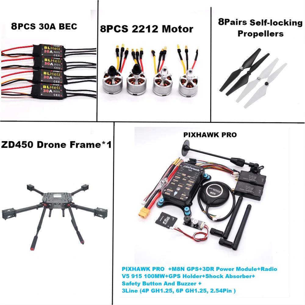 F450 PIXHAWK PRO M8N Kit Dual Motor Flight FiberFrame, Ardupilot, 100MW, Rádio Telemetria, Quadcopter, BLHELI, 20A, 2212 Motor ESC