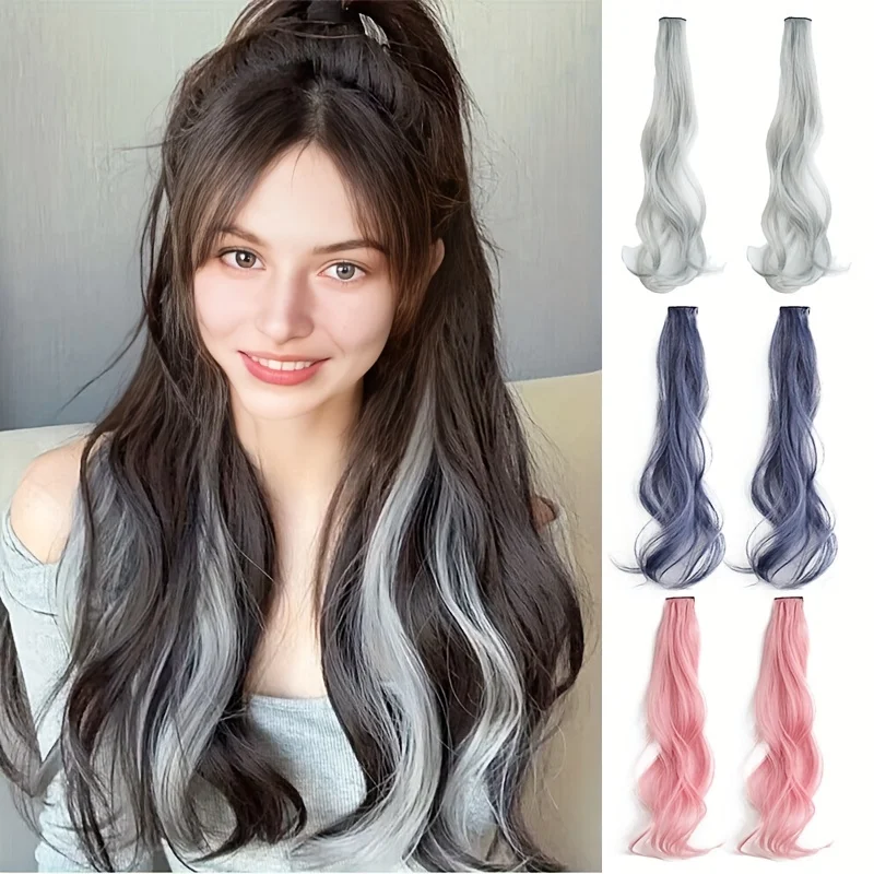 Synthetic Colour Hair Extension with Clips 50cm Multi-Color Hairpiece Party Highlights Women Girls Hair Clip False Clip on Hair