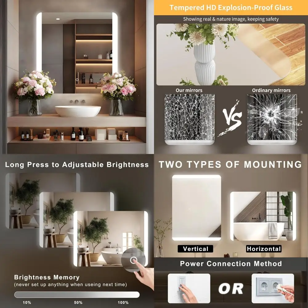 Espelho de vaidade retroiluminado LED retangular sem moldura com cantos arredondados e vidro inquebrável para uso em banheiro