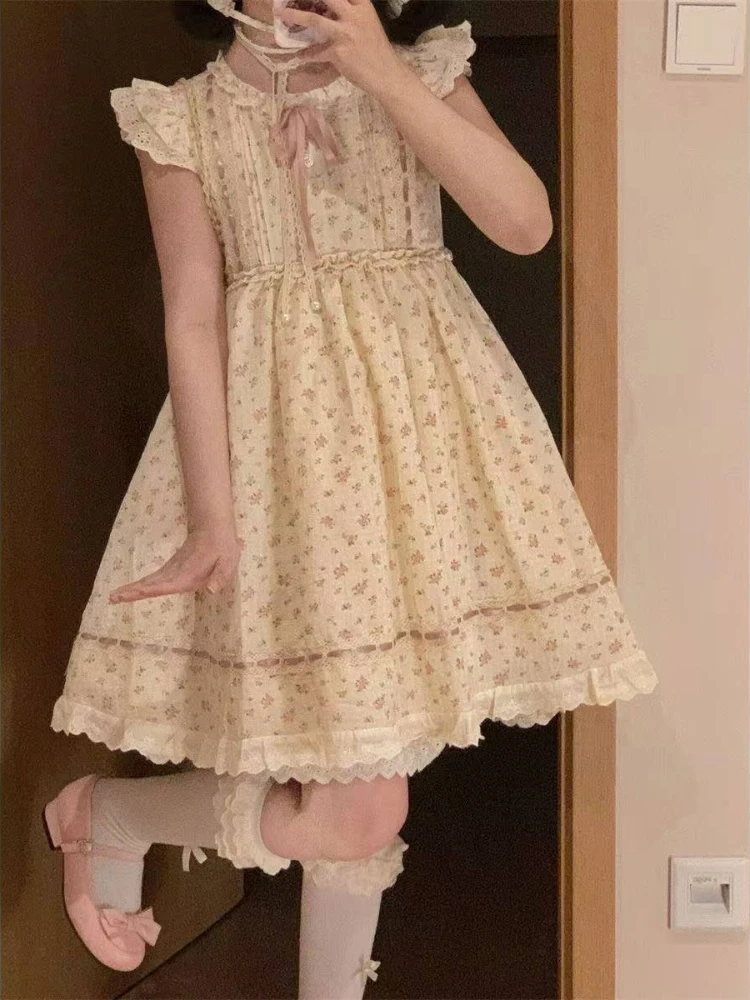 Vestido Kawaii con estampado Floral de Lolita para mujer, minivestido de verano con cuello redondo y volantes de encaje y manga voladora, vestido de hada coreano bonito para mujer