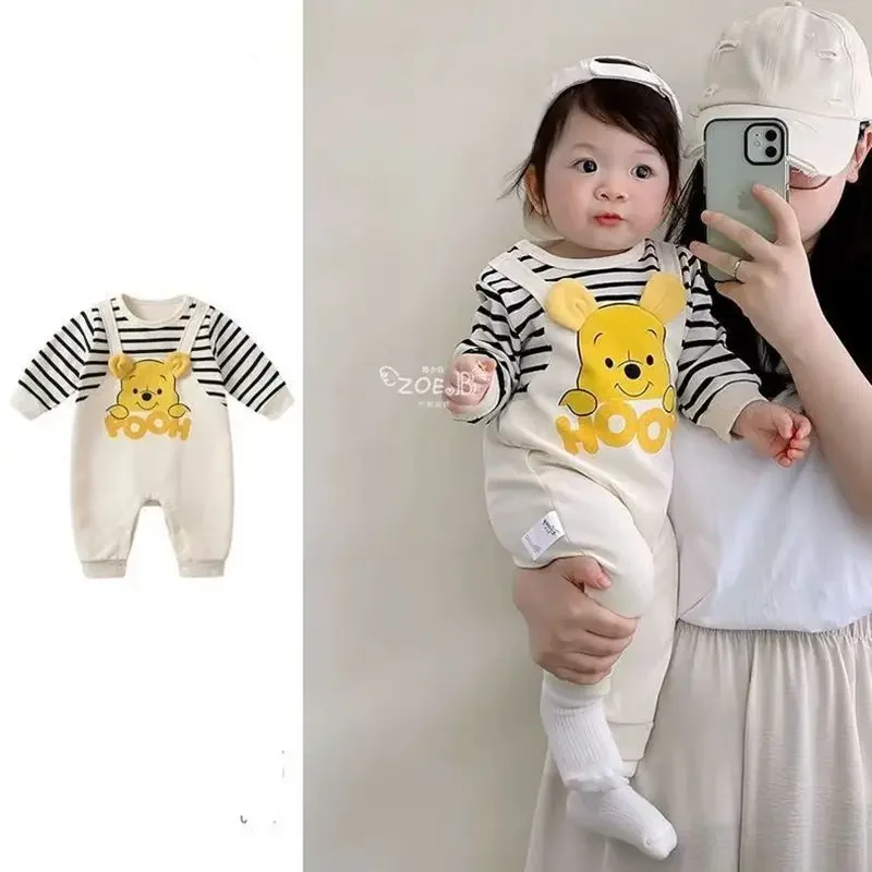 Spring Winter Newborn Baby Boys Rompers Cartoon Winnie Pooh Print Long Sleeve Jumpsuit Cotton Keep Warm Kids Girl Outfit Clothes