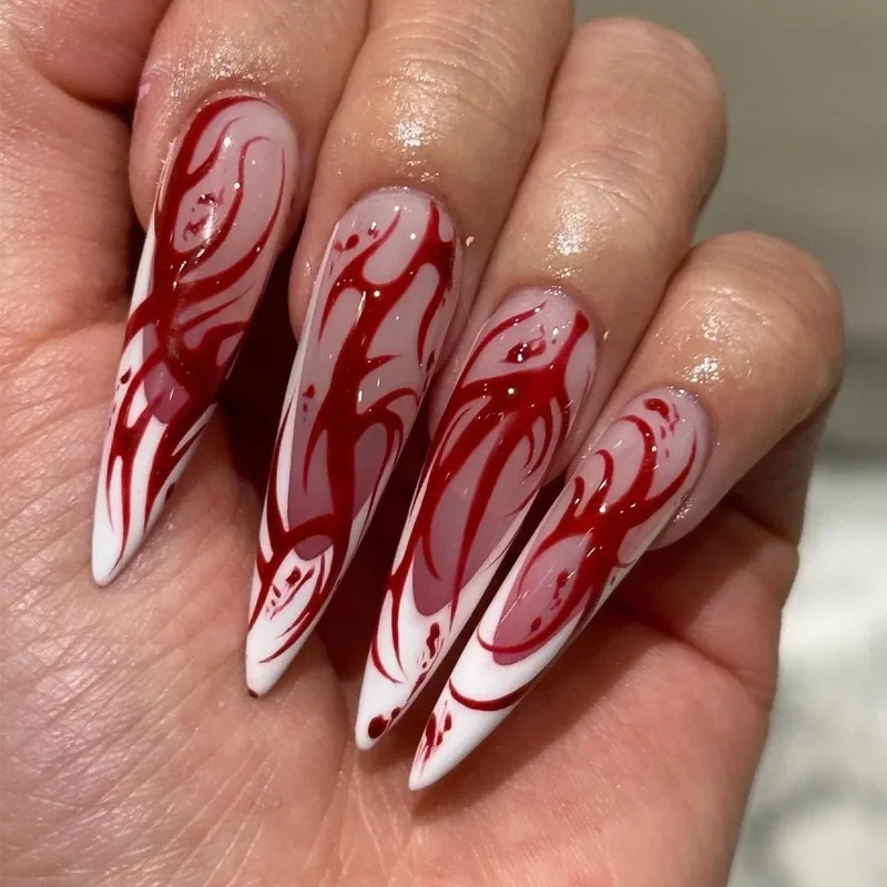 

New Style Fashion Repeatable Wearable Halloween Manicure French Fake Long Nails Red Flame Smudging Nail Art Tips Removable