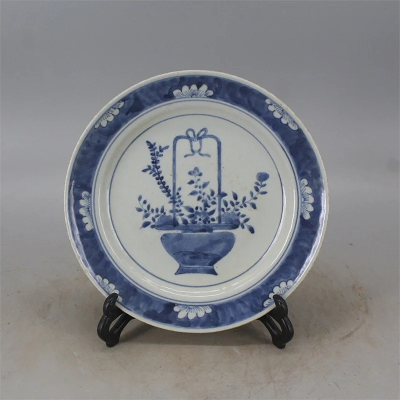 

Exquisite Antique Chinese Qing Blue and White Flower Basket Decorative Plate
