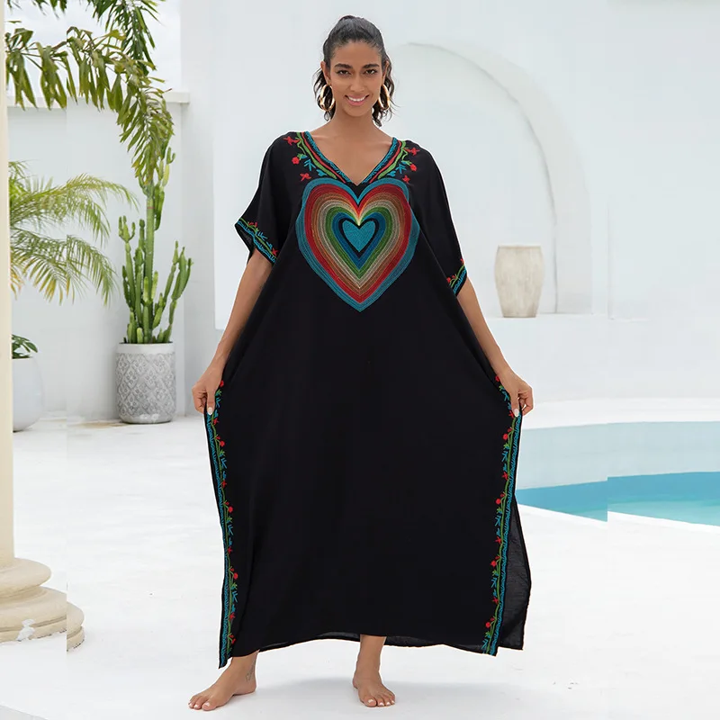 2025 Vintage Embroidery Kaftan Sexy V-neck Batwing Sleeve High Waist Maxi Dress Tunic Women Clothing Summer Beach Dresses