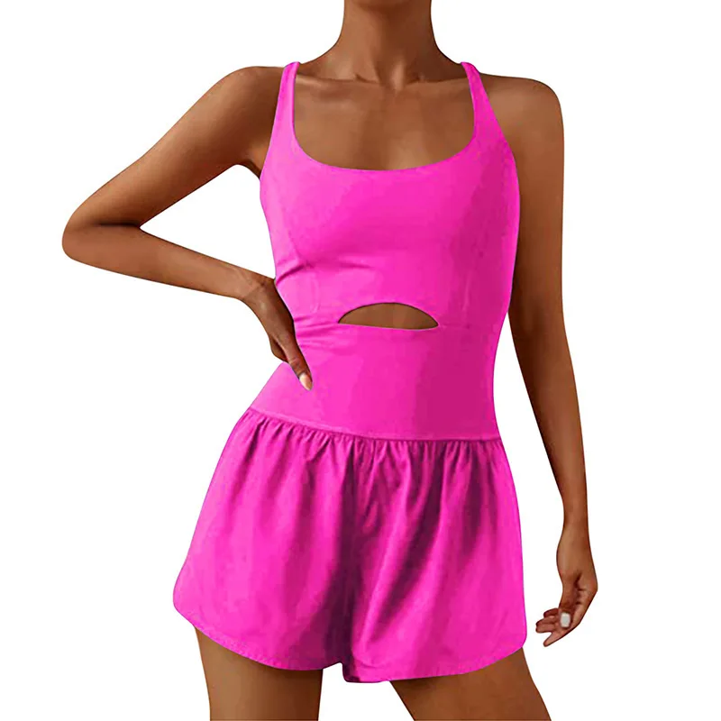 Solid Elastic High Waist Women's Romper Sleeveless Female Yoga Sports Jumpsuit Shorts Hollow Casual Sportswear