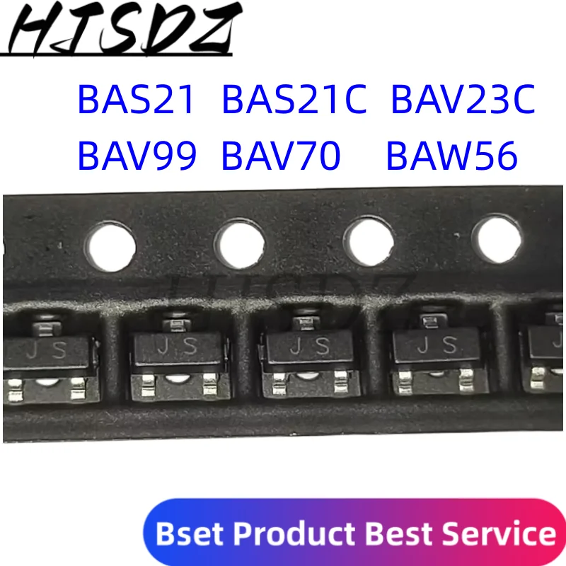 Diodos de interruptor SMD 100 piezas BAW56 A1 BAV70 A4 BAV99 A7 BAV23C KT6 BAS21C JS3 BAS21 JS SOT-23