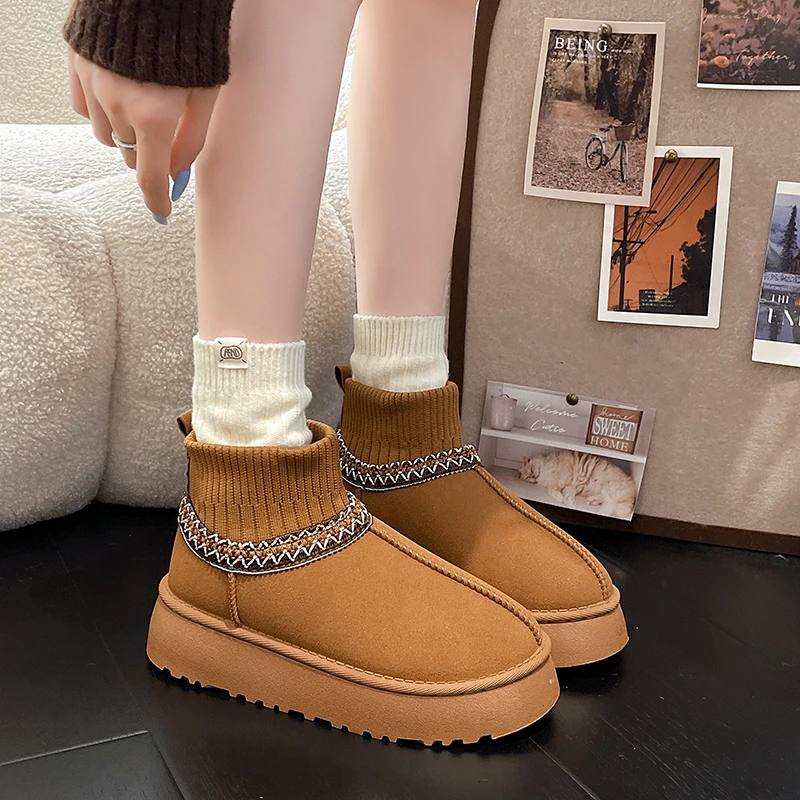 

New Fleece Large-sized Flat Slip-on Anti-slip Casual Solid Color Round Toe Warm and Comfortable Thickened Snow Boots for Women
